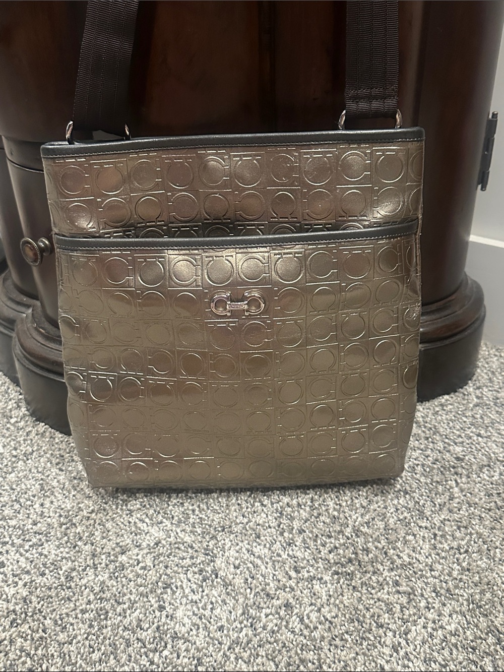 Salvatore Ferragamo Metallic Bronze Embossed Leather Messenger Bag